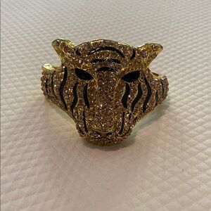 Tiger Gold Crystal Black Enamel Stripes Hinge Bangle Bracelet